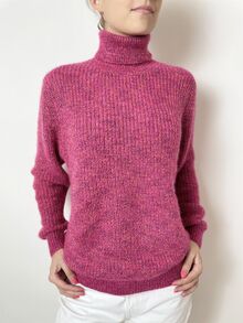 Дамски пуловер поло с дълъг ръкав, дебела плетка, цвят циклама