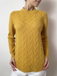 Дамски пуловер полуполо от по-дебела прежда с кашмир, плетка с шарка в цвят лайм