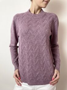 Дамски пуловер полуполо от по-дебела прежда с кашмир, плетка с шарка в лилаво