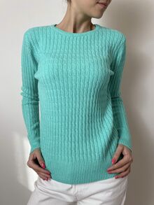 Дамски пуловер от по-дебела прежда, плетиво с шарка в цвят малдиви