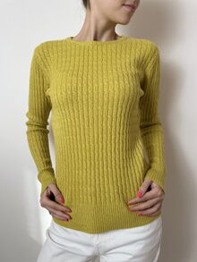 Дамски пуловер от по-дебела прежда, плетиво с шарка в цвят лайм