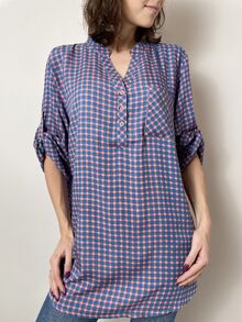 Дамска риза свободен модел, 3/4 ръкав с регулиране на дължината, столче яка, каре пепит синьо и розово