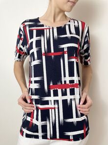 Дамска блуза от жарсе с къс ръкав, десен линии в бяло и червено